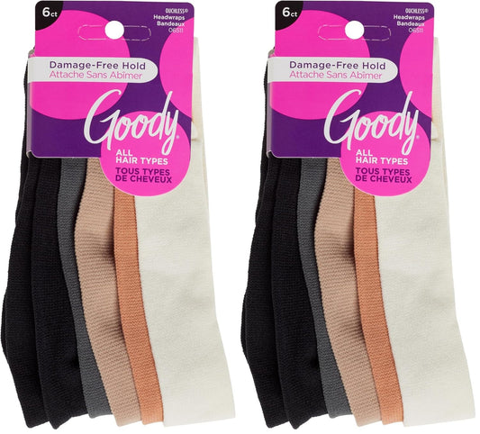Goody Basic Head Wraps - 6 Ct, Neutral Tones, Damage-Free Soft Hold, Stretchy Head Wraps for Women & Men, Secure Grip Bandeau Headwear, All Hair Types