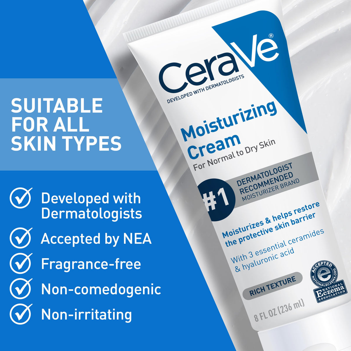 CeraVe Moisturizing Cream, Face Body Moisturizer, Normal to Dry Skin, 8 Fl Oz