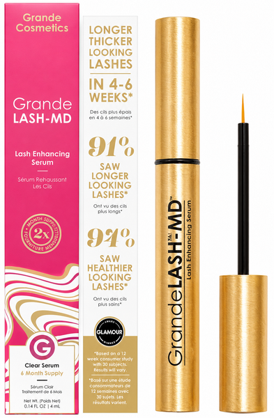Grande Cosmetics Lash MD serum packaging and applicator on a white background