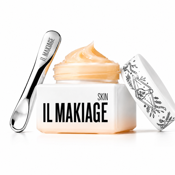 IL Makiage skincare product with a spoon on a white background