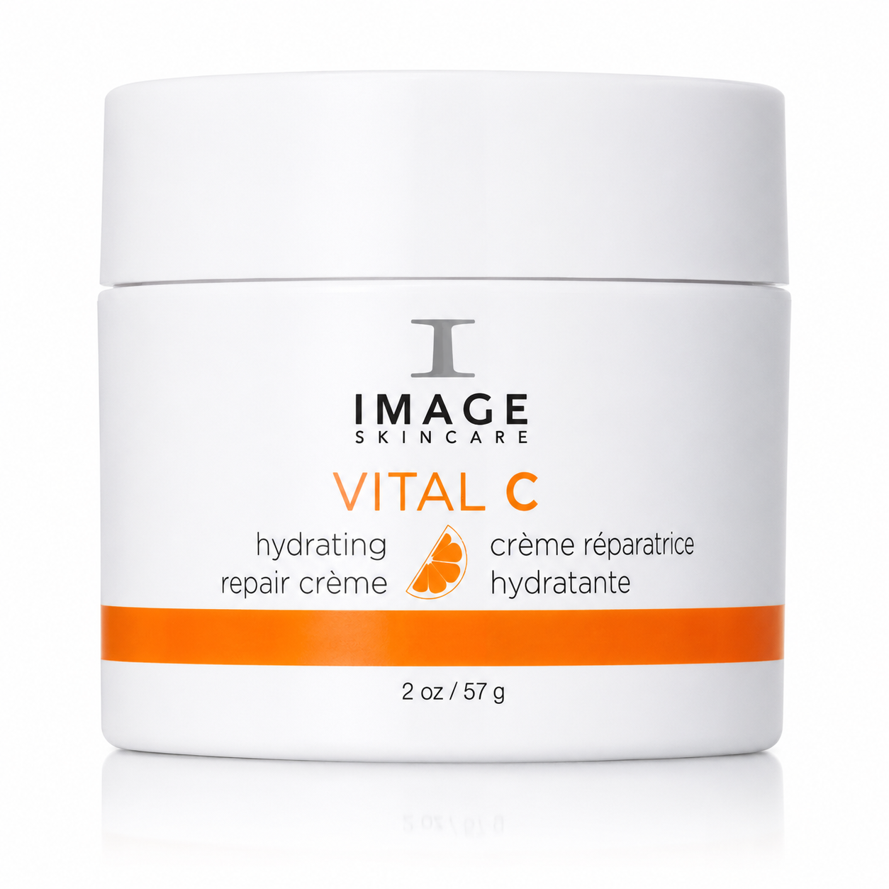 A white cosmetic jar of Image Skincare Vital C hydrating repair crème with orange and black text, set against a clean white background with a subtle reflection.