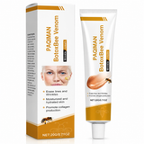 PAQMAN BotoBee Venom Wrinkle cream shown as a white squeeze tube next to its matching retail box, featuring orange and yellow graphics, a bee illustration, and a photo of a woman's face on the packaging.