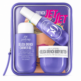 French Jet Set Sol Janefro skincare products in a purple case with 'Delicia Drench' branding.